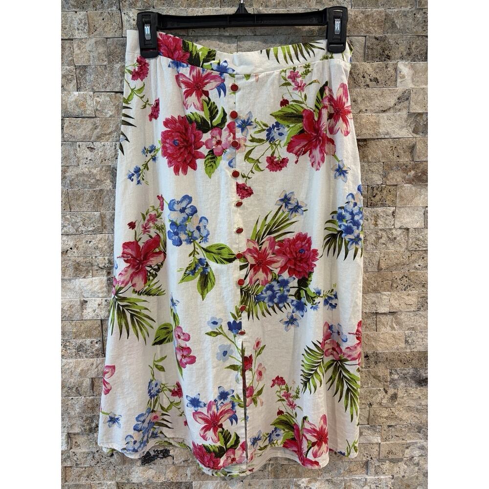 NYCC Floral Linen Blend Skirt Button Front Tie Waist Tropical S
